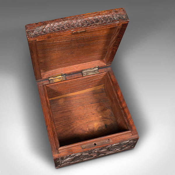 Small Vintage Keepsake Box, Indian, Teak, Storage Case, Carved, Art Deco, C.1940