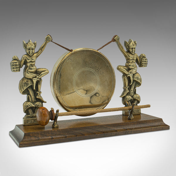 Antique Cornish Pixie Gong, English, Brass, Oak, Dinner Chime, Victorian, C.1900