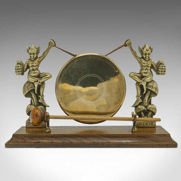 Antique Cornish Pixie Gong, English, Brass, Oak, Dinner Chime, Victorian, C.1900