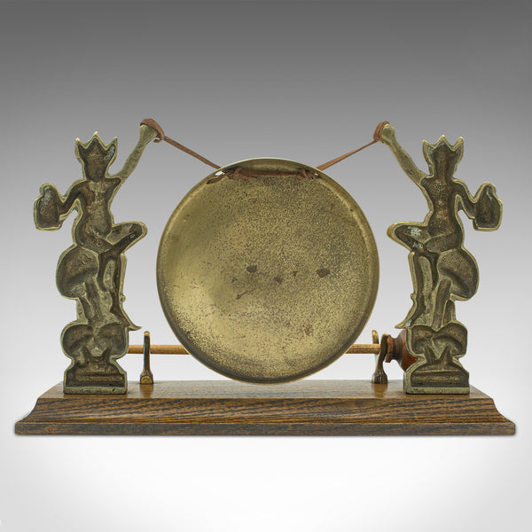 Antique Cornish Pixie Gong, English, Brass, Oak, Dinner Chime, Victorian, C.1900