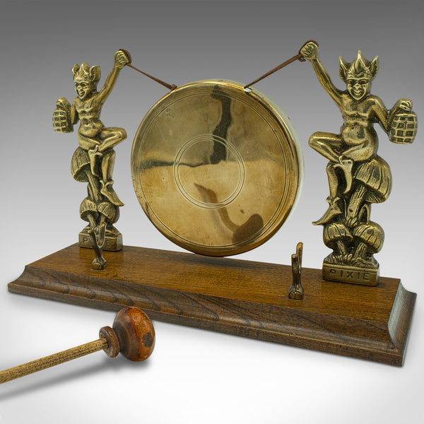 Antique Cornish Pixie Gong, English, Brass, Oak, Dinner Chime, Victorian, C.1900