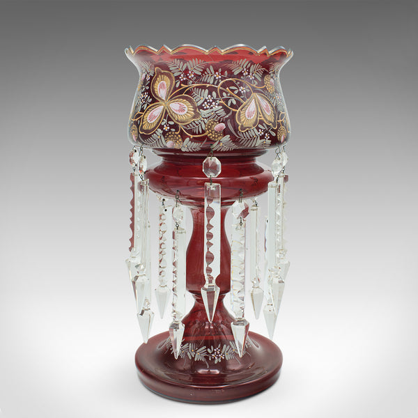 Antique Cranberry Lustre, English, Crystal, Decorative, Candle Lamp, Victorian