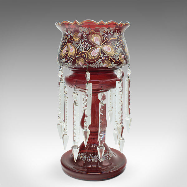 Antique Cranberry Lustre, English, Crystal, Decorative, Candle Lamp, Victorian