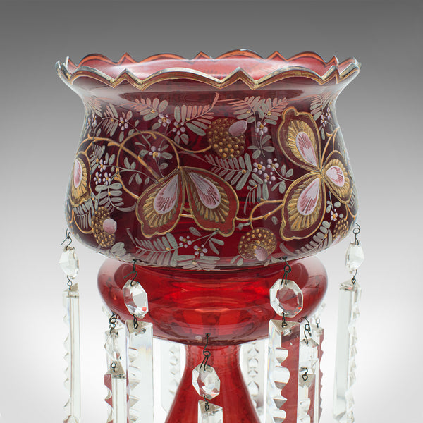 Antique Cranberry Lustre, English, Crystal, Decorative, Candle Lamp, Victorian