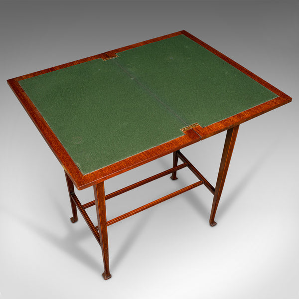 Antique Fold Over Games Table, English, Flame, Walnut, Card, Side, Edwardian