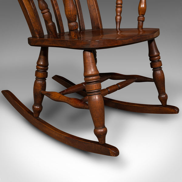 Antique Lath Back Rocking Chair, English Oak, Beech, Elbow Seat, Victorian, 1900