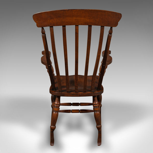 Antique Lath Back Rocking Chair, English Oak, Beech, Elbow Seat, Victorian, 1900