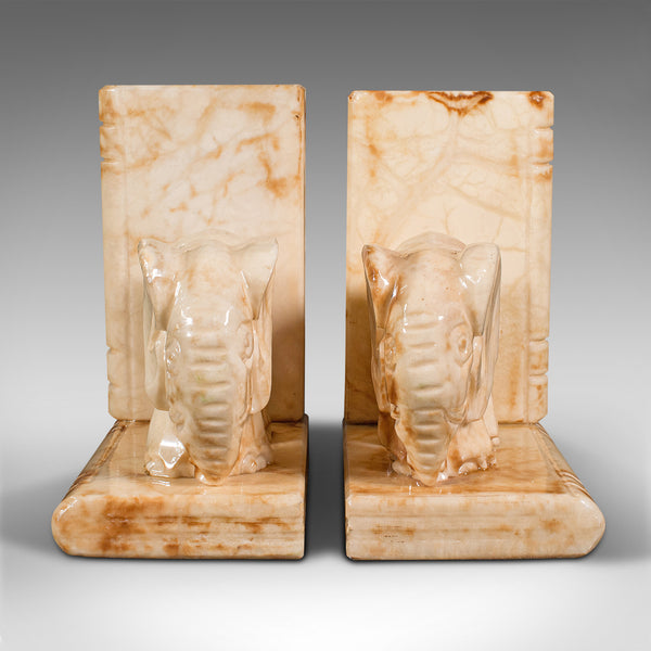 Pair Of Antique Elephant Bookends, African, Milk Onyx, Book Rest, Victorian