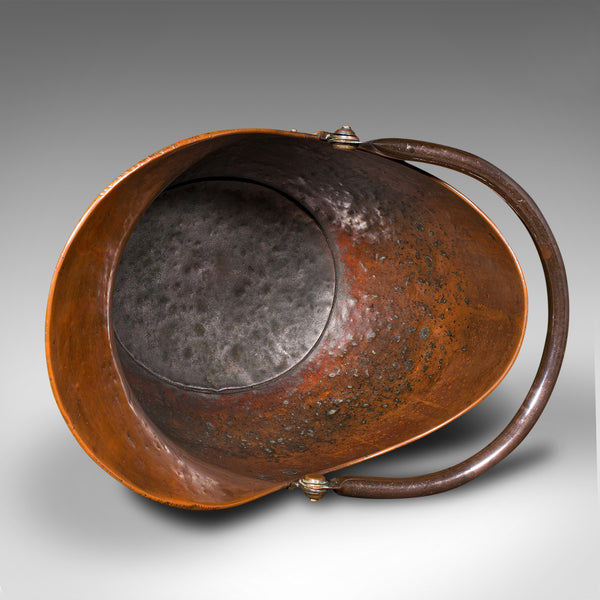 Antique Helmet Scuttle, English, Copper, Coal Bucket, Fireside Bin, Victorian