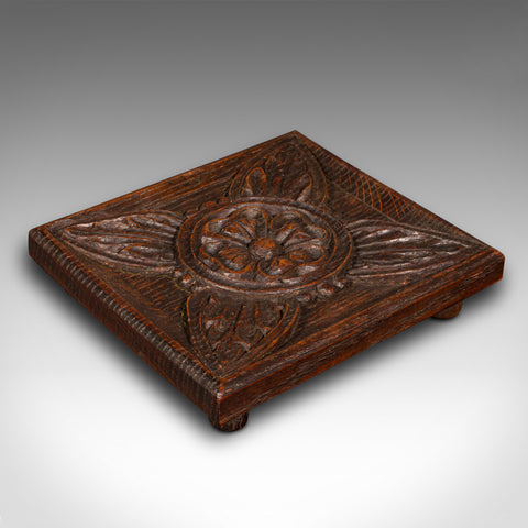 Small Antique Tea Stand, English, Carved Oak, Pot Rest, Art Nouveau, Victorian