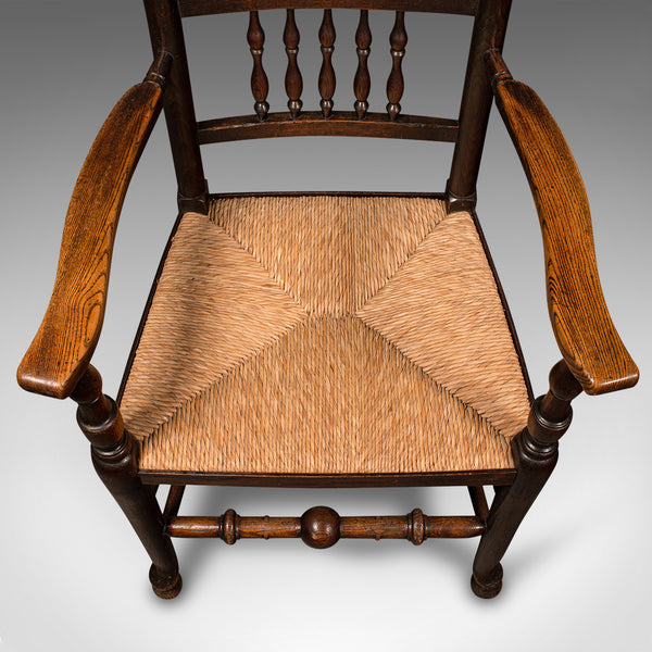 Antique Lancashire Spindle Back Elbow Chair, English Oak, Hall Carver, Victorian
