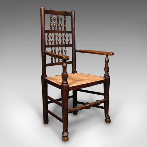 Antique Lancashire Spindle Back Elbow Chair, English Oak, Hall Carver, Victorian