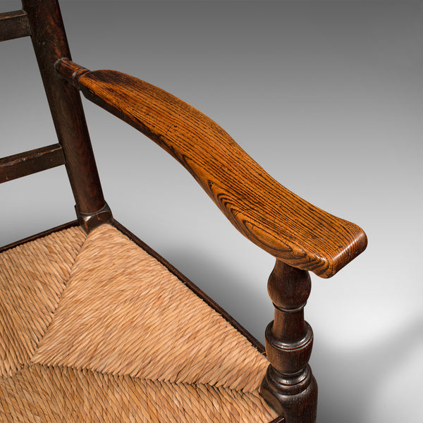 Antique Lancashire Spindle Back Elbow Chair, English Oak, Hall Carver, Victorian