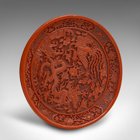 Vintage Cinnabar Decorative Dish, Chinese, Relief Carved, Display Plate, Dragon