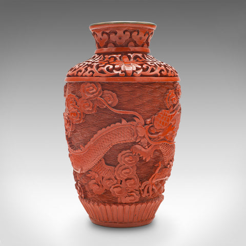 Small Vintage Cinnabar Posy Vase, Chinese Decorative Urn, Cloisonne, Mid Century