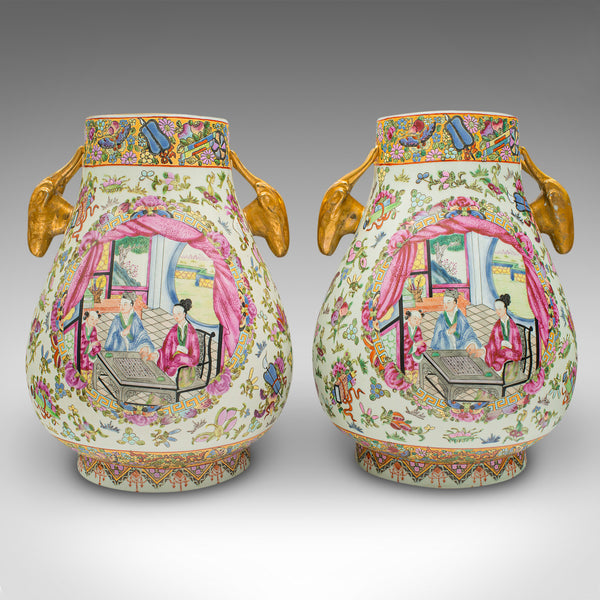 Pair Of Large Antique Vases, Chinese, Ceramic, Baluster, Famille Rose, Victorian