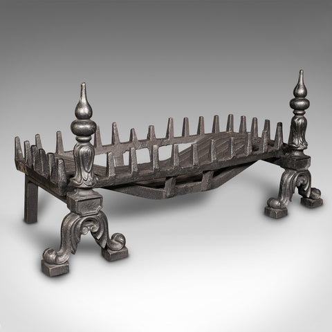 Vintage Fireplace Set, English, Cast Iron, Fire Basket, Andirons, Mid Century