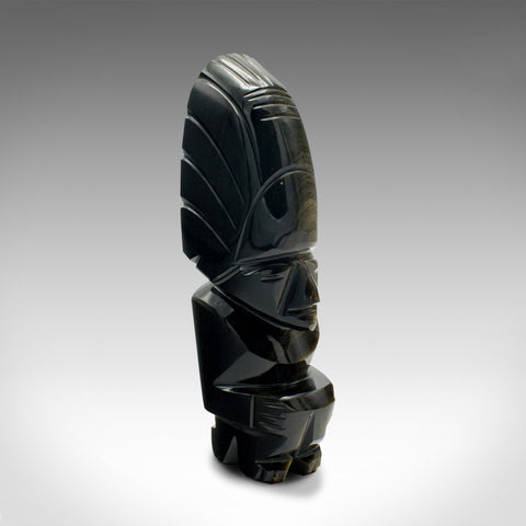 Small Vintage Aztec Idol Figure, South American, Obsidian, Mayan Sculpture, 1950