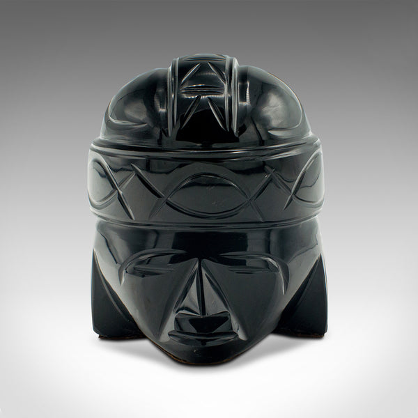 Small Vintage Oriental Warrior Bust, Chinese, Obsidian, Portrait Sculpture, 1950