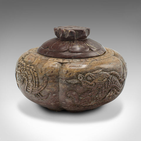 Small Antique Lidded Pot, Chinese, Carved, Soapstone, Opium Jar, Victorian, 1900