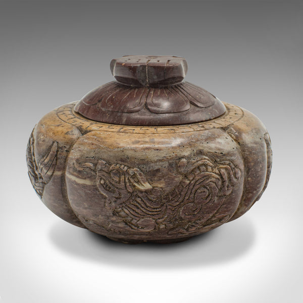 Small Antique Lidded Pot, Chinese, Carved, Soapstone, Opium Jar, Victorian, 1900