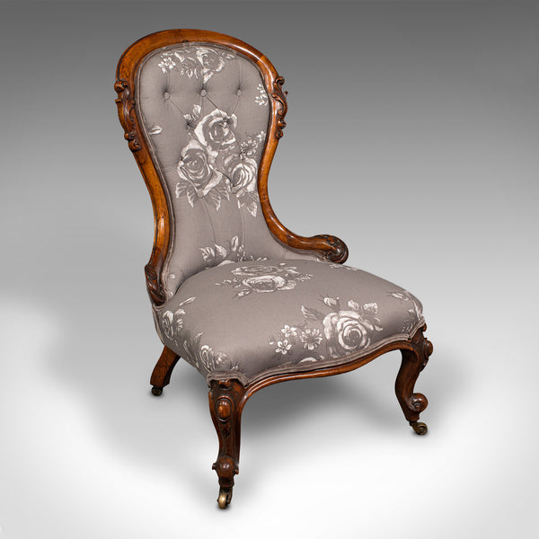 Antique Button Back Salon Chair, English, Walnut, Spoon, Seat, Victorian, C.1840