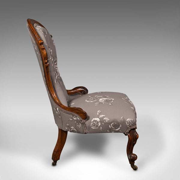 Antique Button Back Salon Chair, English, Walnut, Spoon, Seat, Victorian, C.1840