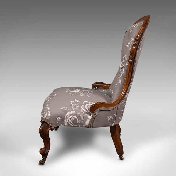 Antique Button Back Salon Chair, English, Walnut, Spoon, Seat, Victorian, C.1840