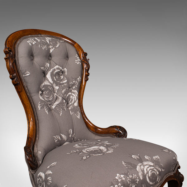 Antique Button Back Salon Chair, English, Walnut, Spoon, Seat, Victorian, C.1840