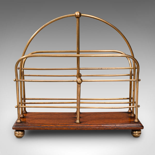 Antique Newspaper Rack, English, Oak, Brass, Magazine, Letter Stand, Victorian