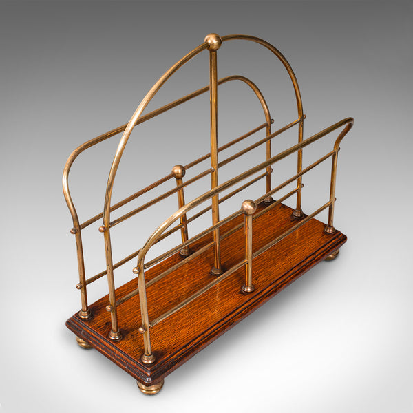 Antique Newspaper Rack, English, Oak, Brass, Magazine, Letter Stand, Victorian