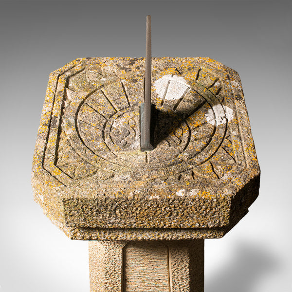 Antique Garden Sundial, English, Stone Pedestal, Bronze Gnomon, Decor, Edwardian