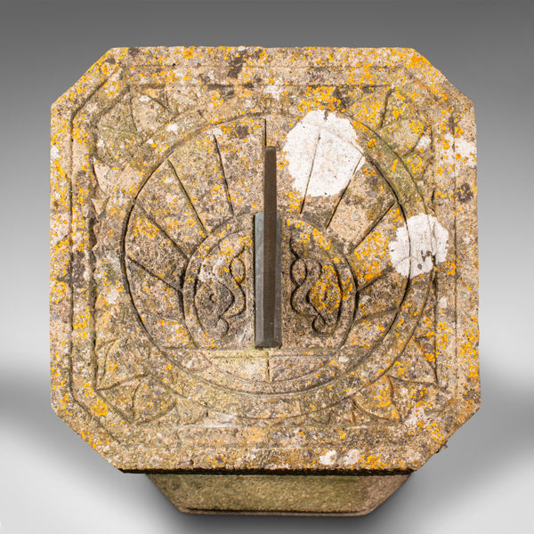 Antique Garden Sundial, English, Stone Pedestal, Bronze Gnomon, Decor, Edwardian