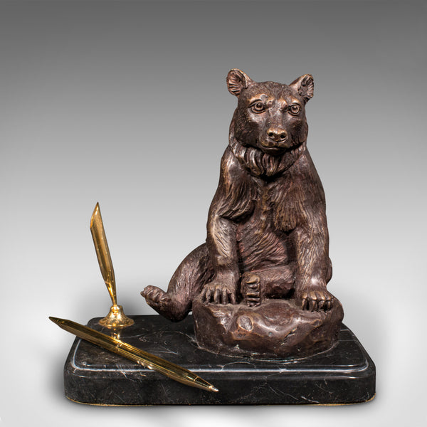 Vintage Black Forest Bear Pen Rest, German, Bronze, Marble, Decor, Desk Stand