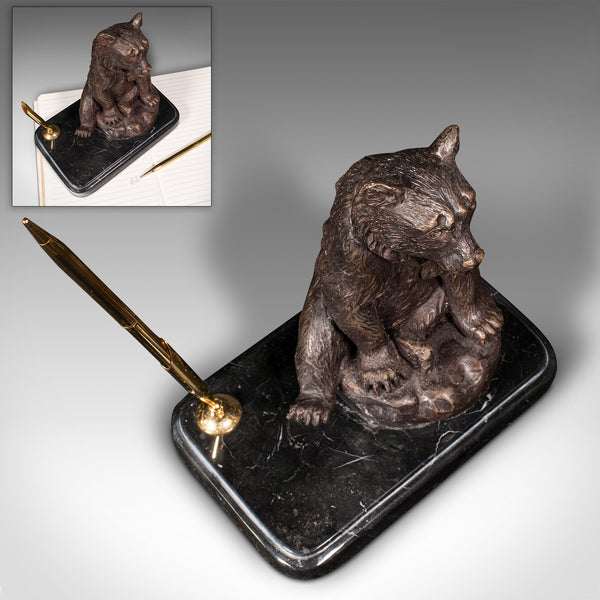 Vintage Black Forest Bear Pen Rest, German, Bronze, Marble, Decor, Desk Stand