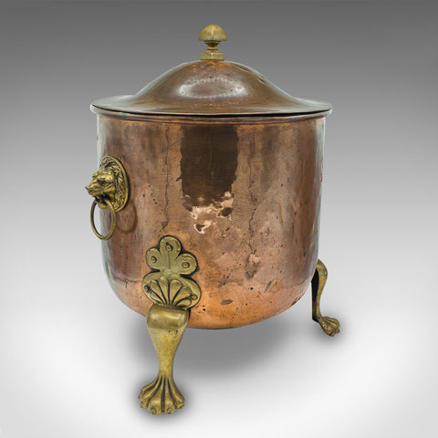Antique Fireside Bin, English, Copper, Brass, Coal, Log Bucket, Lid, Victorian