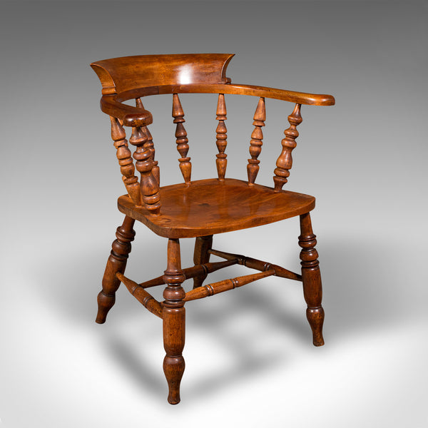 Antique Elbow Chair, English, Beech, Smoker's Bow, Captain Seat, Victorian, 1880