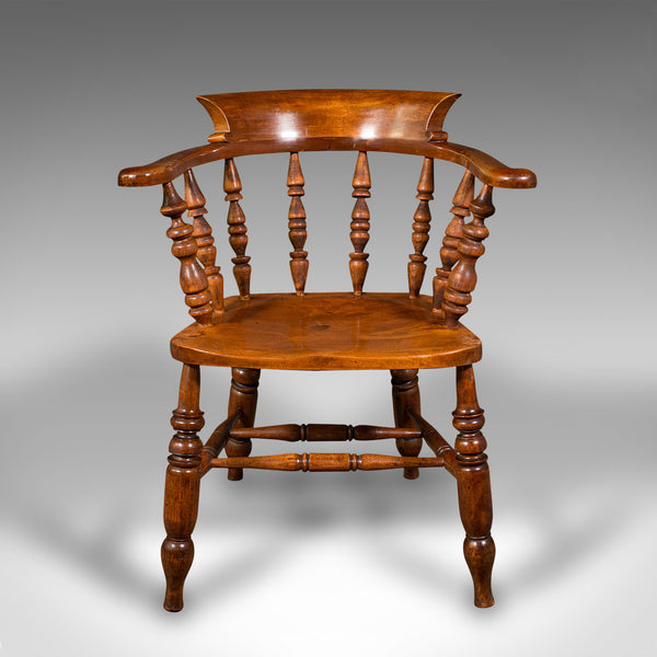 Antique Elbow Chair, English, Beech, Smoker's Bow, Captain Seat, Victorian, 1880