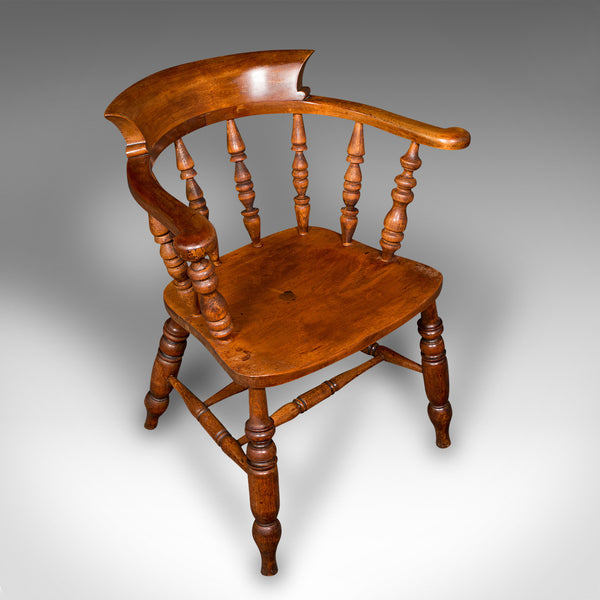 Antique Elbow Chair, English, Beech, Smoker's Bow, Captain Seat, Victorian, 1880