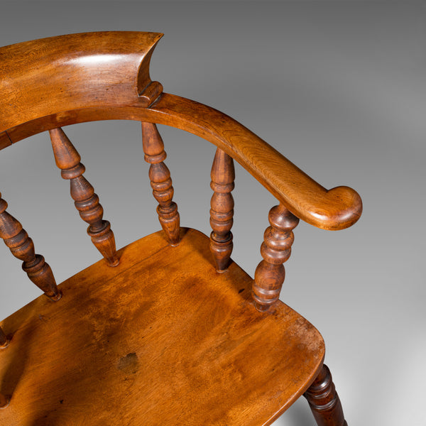 Antique Elbow Chair, English, Beech, Smoker's Bow, Captain Seat, Victorian, 1880