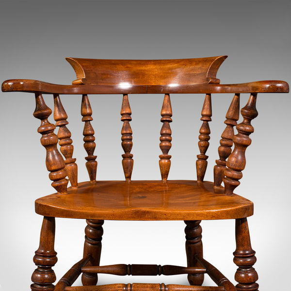 Antique Elbow Chair, English, Beech, Smoker's Bow, Captain Seat, Victorian, 1880