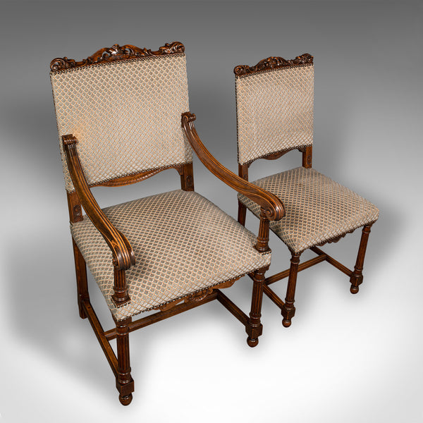 Set of 8 Antique Dining Chairs, English, Walnut, Carver, Seat, Edwardian, C.1910