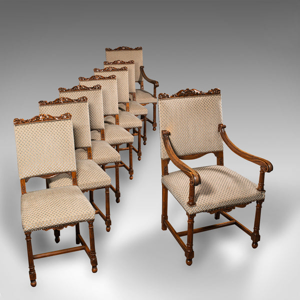 Set of 8 Antique Dining Chairs, English, Walnut, Carver, Seat, Edwardian, C.1910