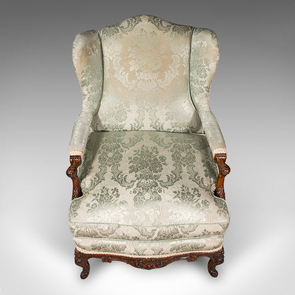Antique Open Armchair, French, Walnut, Salon Chair, Damask Upholstery, Victorian