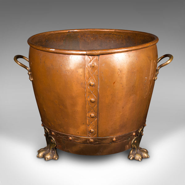 Antique Fireside Bin, English Copper, Brass, Coal, Log Bucket, Victorian, C.1880