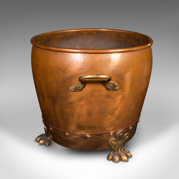 Antique Fireside Bin, English Copper, Brass, Coal, Log Bucket, Victorian, C.1880