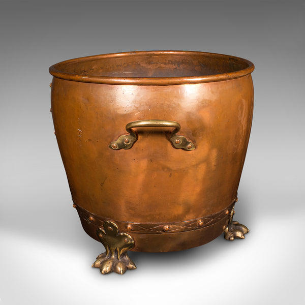 Antique Fireside Bin, English Copper, Brass, Coal, Log Bucket, Victorian, C.1880