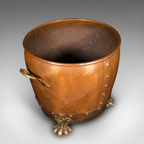 Antique Fireside Bin, English Copper, Brass, Coal, Log Bucket, Victorian, C.1880