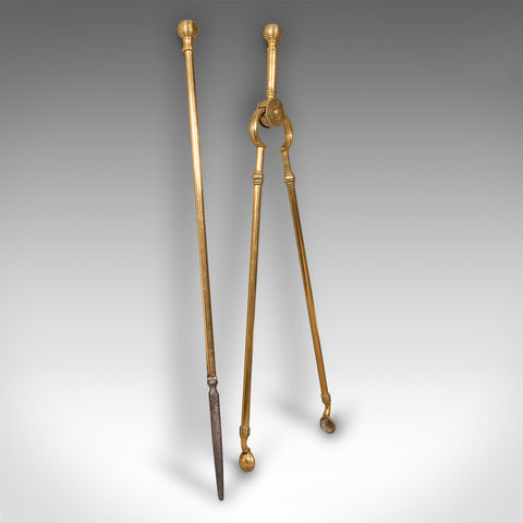 Pair Of Antique Fireside Tools, English, Brass, Iron, Poker, Tongs, Victorian