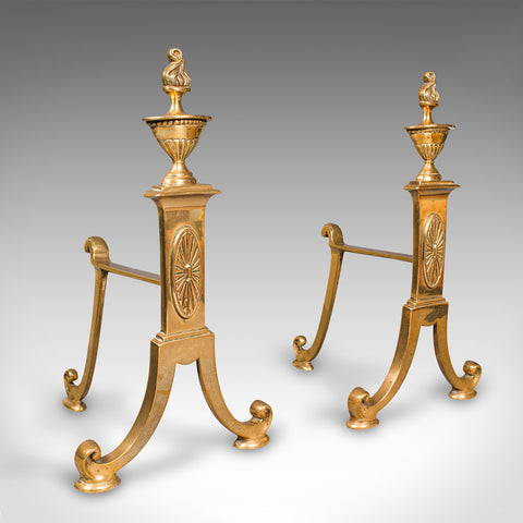 Pair Of Antique Decorative Fireside Tool Rests, English Brass Andiron, Victorian